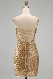 Vestido de Homecoming Bodycon Bodycon Dourado Dourado Cintilante Sem Alças