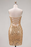 Vestido de Homecoming Bodycon Bodycon Dourado Dourado Cintilante Sem Alças