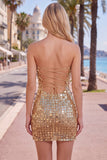 Vestido de Homecoming Bodycon Bodycon Dourado Dourado Cintilante Sem Alças