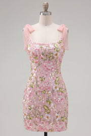 Vestido romântico floral de lantejoulas cor-de-rosa bordado com alças de laço