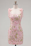 Vestido romântico floral de lantejoulas cor-de-rosa bordado com alças de laço