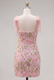 Vestido romântico floral de lantejoulas cor-de-rosa bordado com alças de laço