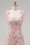 Vestido romântico floral de lantejoulas cor-de-rosa bordado com alças de laço