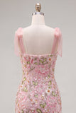 Vestido romântico floral de lantejoulas cor-de-rosa bordado com alças de laço