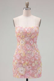 Vestido curto cor-de-rosa floral sem alças, bodycon bodycon com bordas