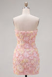 Vestido curto cor-de-rosa floral sem alças, bodycon bodycon com bordas