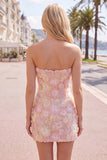 Vestido curto cor-de-rosa floral sem alças, bodycon bodycon com bordas