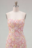 Vestido curto cor-de-rosa floral sem alças, bodycon bodycon com bordas