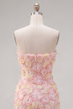 Vestido curto cor-de-rosa floral sem alças, bodycon bodycon com bordas