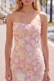 Vestido curto cor-de-rosa floral sem alças, bodycon bodycon com bordas