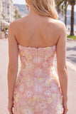 Vestido curto cor-de-rosa floral sem alças, bodycon bodycon com bordas