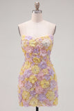 Vestido curto cor-de-rosa floral sem alças, bodycon bodycon com bordas