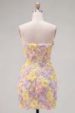 Vestido curto cor-de-rosa floral sem alças, bodycon bodycon com bordas