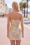 Vestido curto cor-de-rosa floral sem alças, bodycon bodycon com bordas