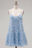 Vestido de regresso a casa 3D floral com alças finas azul A-Line com contas