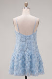 Vestido de regresso a casa 3D floral com alças finas azul A-Line com contas