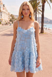 Vestido de regresso a casa 3D floral com alças finas azul A-Line com contas