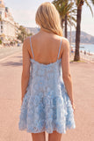 Vestido de regresso a casa 3D floral com alças finas azul A-Line com contas