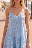 Vestido de regresso a casa 3D floral com alças finas azul A-Line com contas