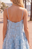 Vestido de regresso a casa 3D floral com alças finas azul A-Line com contas