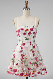 Vestido curto de regresso a casa com alças finas de flor vermelha cor-de-rosa e bordado