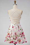 Vestido curto de regresso a casa com alças finas de flor vermelha cor-de-rosa e bordado