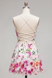 Vestido curto de regresso a casa com alças finas de flor vermelha cor-de-rosa e bordado