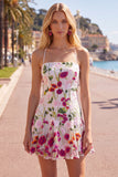 Vestido curto de regresso a casa com alças finas de flor vermelha cor-de-rosa e bordado