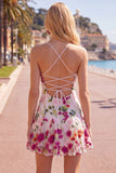 Vestido curto de regresso a casa com alças finas de flor vermelha cor-de-rosa e bordado