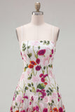 Vestido curto de regresso a casa com alças finas de flor vermelha cor-de-rosa e bordado