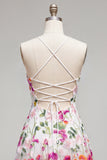 Vestido curto de regresso a casa com alças finas de flor vermelha cor-de-rosa e bordado