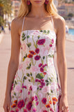 Vestido curto de regresso a casa com alças finas de flor vermelha cor-de-rosa e bordado