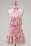 Lantejoulas cor-de-rosa A-Line com gola alta, vestido curto de regresso a casa com flores 3D