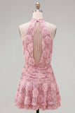 Lantejoulas cor-de-rosa A-Line com gola alta, vestido curto de regresso a casa com flores 3D
