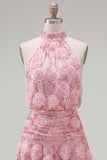 Lantejoulas cor-de-rosa A-Line com gola alta, vestido curto de regresso a casa com flores 3D