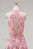 Lantejoulas cor-de-rosa A-Line com gola alta, vestido curto de regresso a casa com flores 3D
