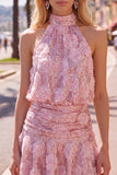 Lantejoulas cor-de-rosa A-Line com gola alta, vestido curto de regresso a casa com flores 3D