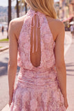 Lantejoulas cor-de-rosa A-Line com gola alta, vestido curto de regresso a casa com flores 3D