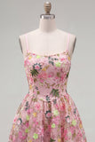 Vestido floral de regresso ao lar com alças finas em linha A cor-de-rosa e bordado