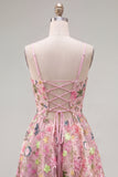 Vestido floral de regresso ao lar com alças finas em linha A cor-de-rosa e bordado