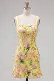 Vestido de Finalistas Amarelo, Bordado Floral Bordado com Folhos e Renda nas Costas