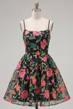 Vestido de Finalistas de Finalistas em Linha Preta Vermelha Bordado Flor Vermelha com Renda nas Costas