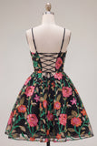 Vestido de Finalistas de Finalistas em Linha Preta Vermelha Bordado Flor Vermelha com Renda nas Costas