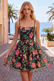 Vestido de Finalistas de Finalistas em Linha Preta Vermelha Bordado Flor Vermelha com Renda nas Costas