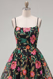 Vestido de Finalistas de Finalistas em Linha Preta Vermelha Bordado Flor Vermelha com Renda nas Costas