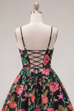 Vestido de Finalistas de Finalistas em Linha Preta Vermelha Bordado Flor Vermelha com Renda nas Costas