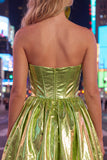 Vestido de Finalistas de Finalistas Verde Verde Metálico, Linha A, Espartilho Franzido