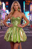 Vestido de Finalistas de Finalistas Verde Verde Metálico, Linha A, Espartilho Franzido