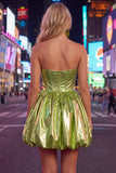 Vestido de Finalistas de Finalistas Verde Verde Metálico, Linha A, Espartilho Franzido