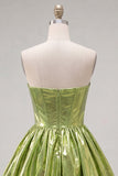 Vestido de Finalistas de Finalistas Verde Verde Metálico, Linha A, Espartilho Franzido